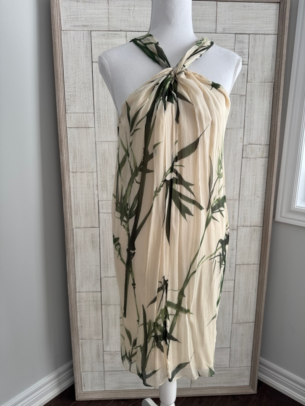 Massimo Dutti Cream Midi Dress with Olive Green Botanical Print